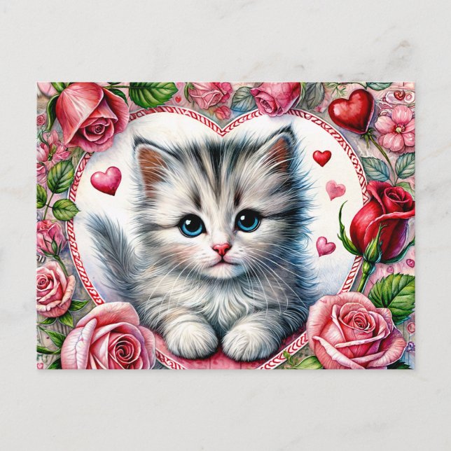 Postal Gatito de San Valentín con Rosas Rojas (Anverso)