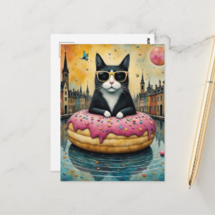 Postal Gatito de vacaciones en una dona flotante