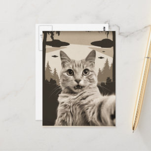 Postal Gatito divertido sepia y ovnis