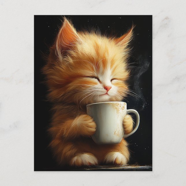 Postal Gatito Dulce de Jengibre con un Café (Anverso)
