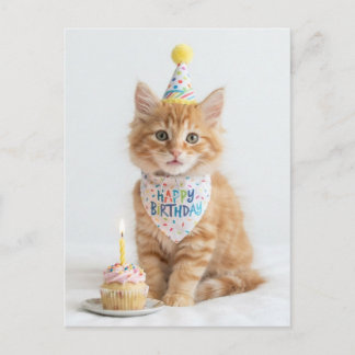 Postal Gatito dulce y lindo con una magdalena. Feliz Cump