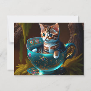 Postal Gatito en una taza de té azul - Gato