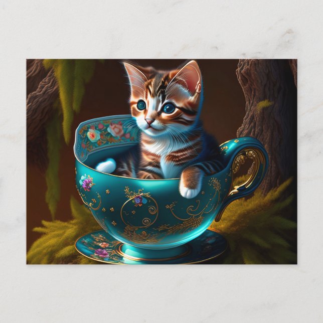 Postal Gatito en una taza de té azul - Gato (Anverso)