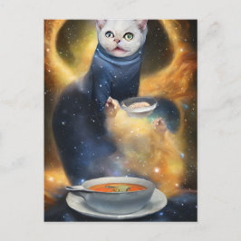 Postal gatito generativo en el espacio comiendo sopa arte