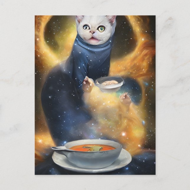 Postal gatito generativo en el espacio comiendo sopa arte (Anverso)