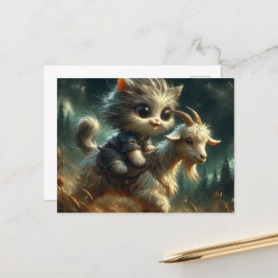 Postal gatito gris adorable montando una cabra