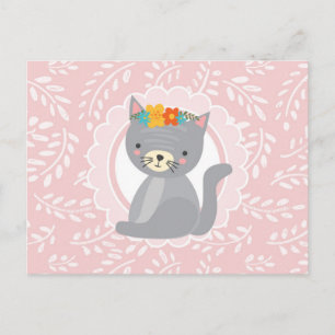 Postal Gatito grisáceo lindo Gato blanco rosado