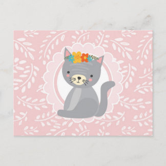 Postal Gatito grisáceo lindo Gato blanco rosado