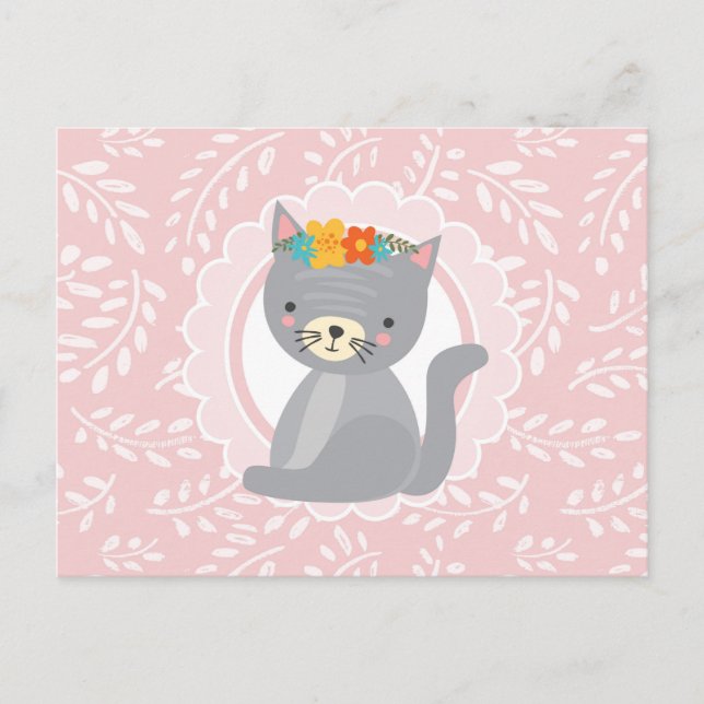 Postal Gatito grisáceo lindo Gato blanco rosado (Anverso)