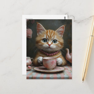 Postal Gatito Jengibre Adorable con Perlas Rosadas en el 