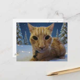 Postal Gatito Jengibre Adorable Encantador Bosque Inverna