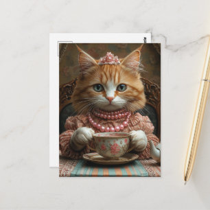Postal Gatito Jengibre Lindo Vestido de Rosa en el Té