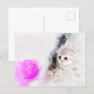 Postal Gatito jugando con una acuarela de bola de hilado 