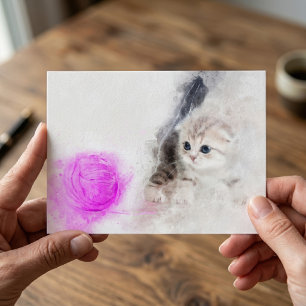 Postal Gatito jugando con una bola de hilo rosa acuarela