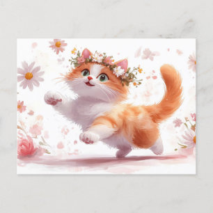Postal Gatito juguetón con la corona de flores de margari