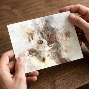 Postal Gatito Juguetón de Acuarela con Ojos Brillantes de