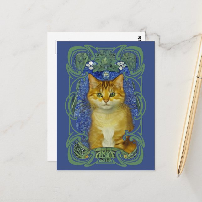 Postal Gatito lindo en estilo Art Nouveau vintage (Anverso/Reverso In Situ)