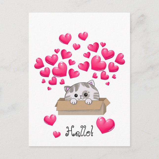 Postal Gatito lindo en una caja y corazones rosados (Anverso)