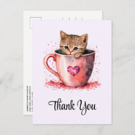 Postal Gatito lindo en una taza de té con corazones graci