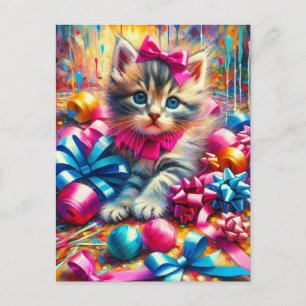 Postal Gatito lindo jugando con lazos y cintas de cumplea