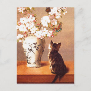 Postal Gatito, mariposa y flores