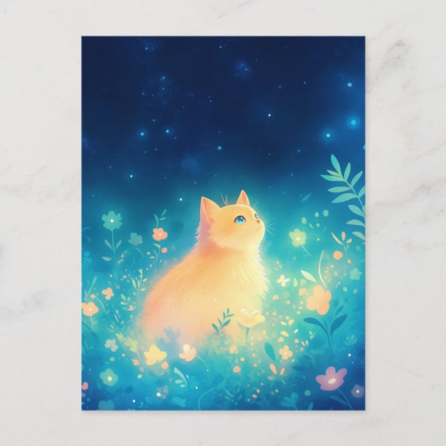 Postal Gatito Naranja en Pradera Nocturna Estrellada (Anverso)