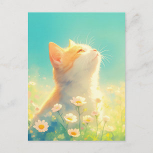 Postal Gatito Naranja en Prado de Margaritas Blancas