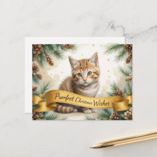 Postal Gatito Navideño Adorable con Cinta Dorada 