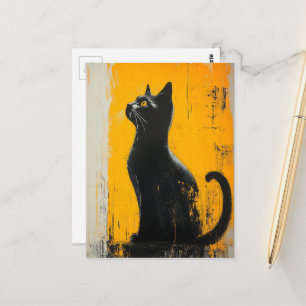 Postal gatito negro adorable con fondo amarillo grunge