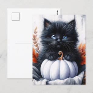 Postal Gatito negro con calabaza blanca Halloween