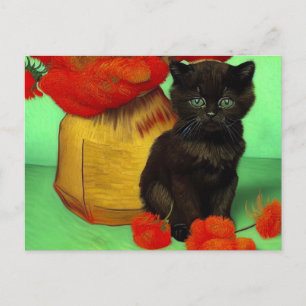 Postal Gatito negro de Van Gogh Flores Rojas