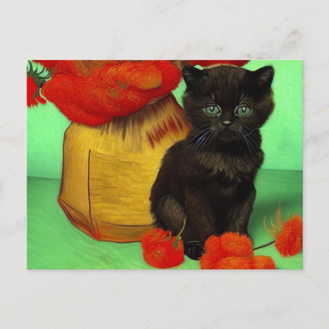 Postal Gatito negro de Van Gogh Flores Rojas (Anverso)