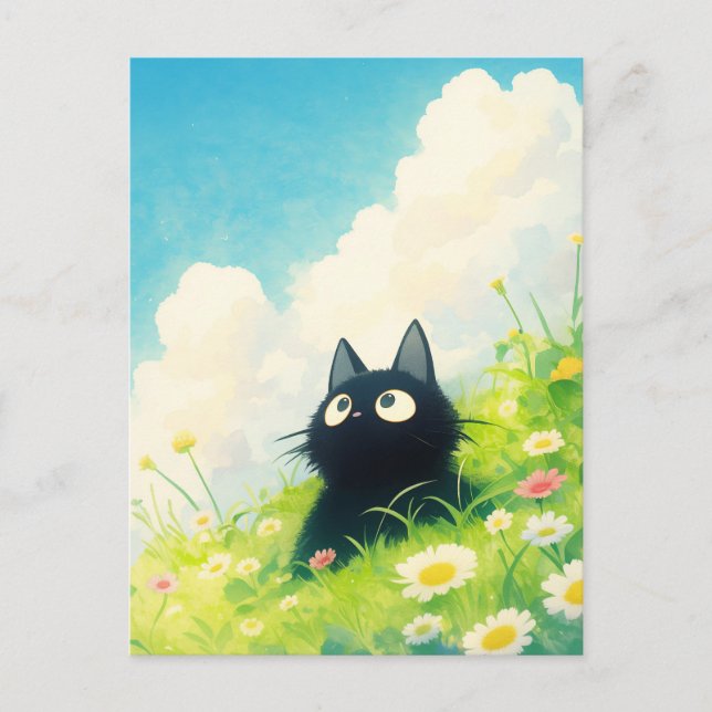Postal Gatito Negro en Pradera de Flores Silvestres de Ma (Anverso)