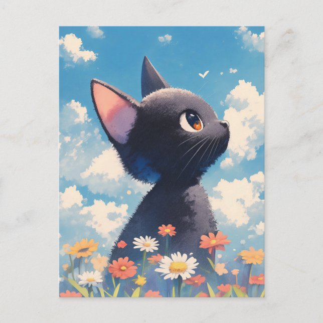 Postal Gatito Negro en Pradera de Verano de Flores Silves (Anverso)