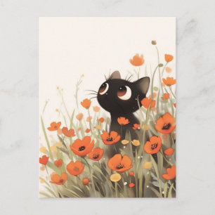 Postal Gatito negro en prado de amapolas silvestres naran