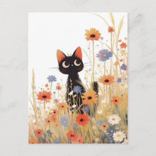 Postal Gatito negro en prado de flores silvestres naranja