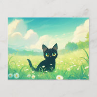 Gatito negro en prado soleado de flores de margari