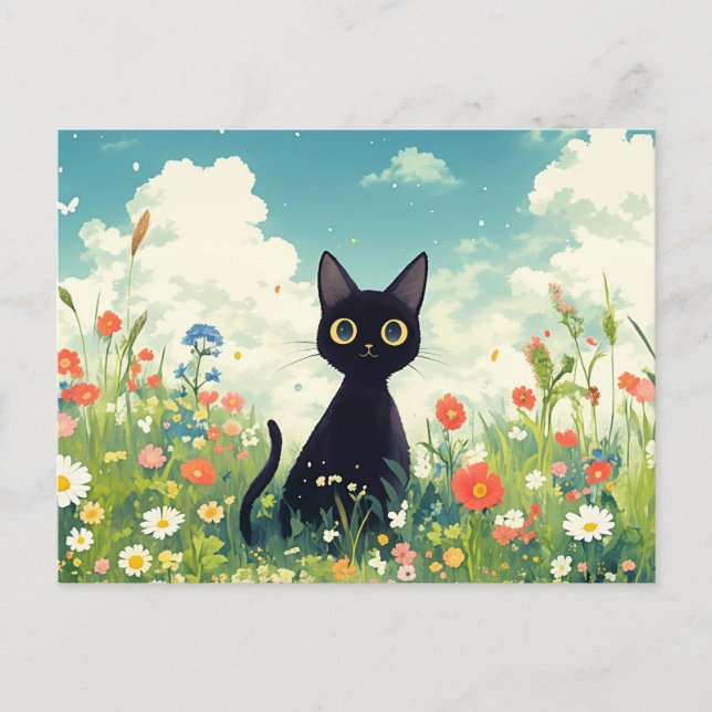 Postal Gatito Negro en Soleado Prado de Flores Silvestres (Anverso)