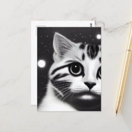 Postal Gatito negro y blanco retro grande de ojos