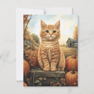Postal Gatito otoñal con calabazas