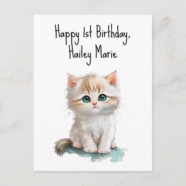 Postal Gatito personalizado para el primer cumpleaños con (Anverso)
