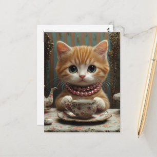 Postal Gatito Precioso con Perlas Rosadas en el Té