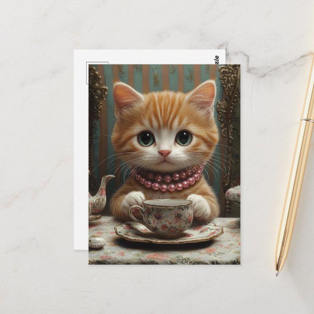 Postal Gatito Precioso con Perlas Rosadas en el Té (Anverso/Reverso In Situ)