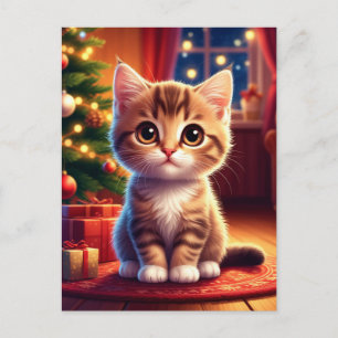 Postal Gatito sentado junto al árbol de Navidad brillante