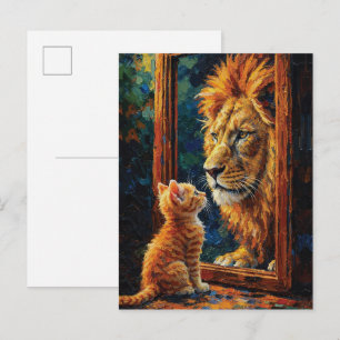 Postal Gatito Viendo Reflejo de León Motivacional Impasto