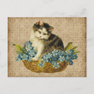 Postal gatito vintage en canasta