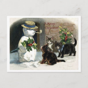 Postal Gatitos alrededor del muñeco de nieve de Navidad, 