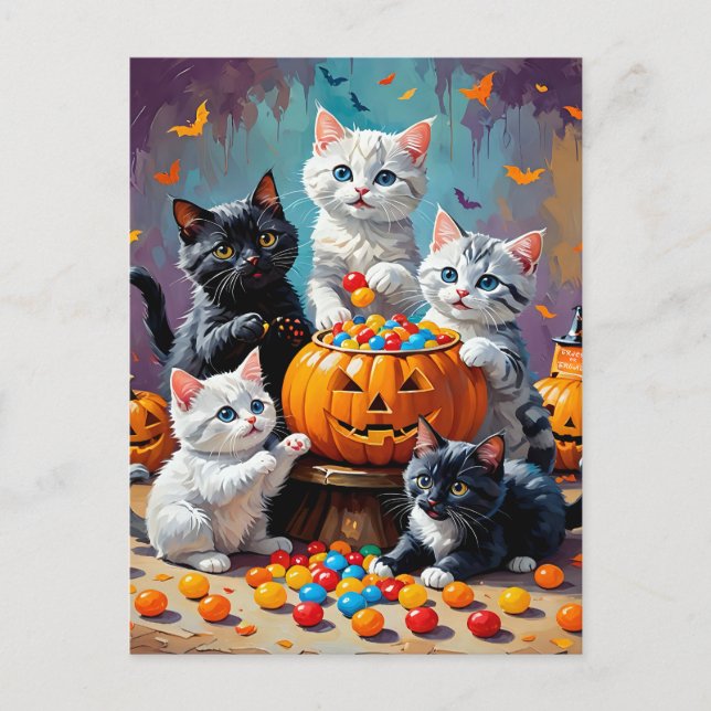Postal Gatitos de Halloween y Tazón de caramelo de calaba (Anverso)