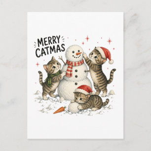 Postal Gatitos de Navidad Construyendo un Muñeco de Nieve