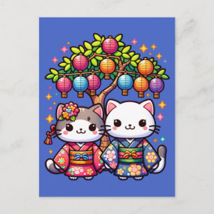 Postal Gatitos de Tanabata en Kimonos